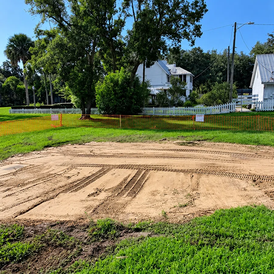 Cleared sandy area with tire tracks surrounded by green grass and orange safety fencing near white houses and trees.