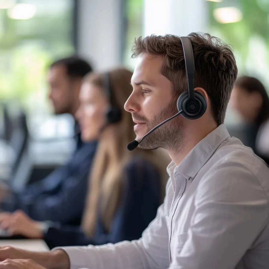 Professional support team member assisting clients at modern office setup with headsets.