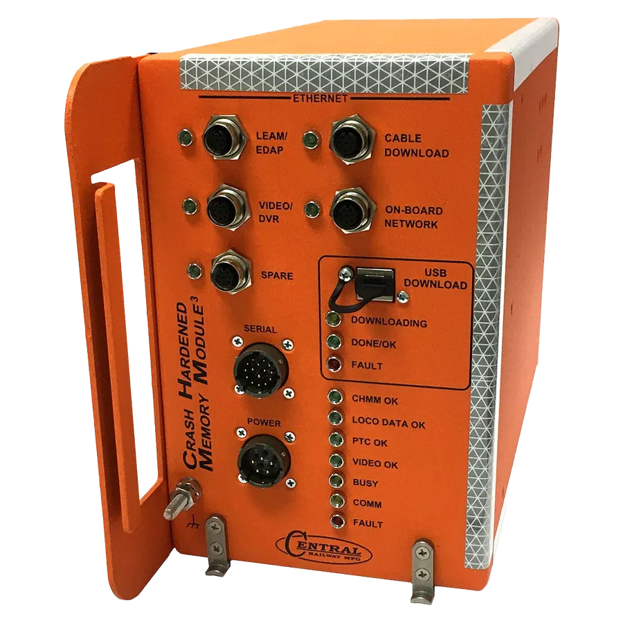 Orange crash hardened memory module with multiple Ethernet ports and LED indicators for status and data.