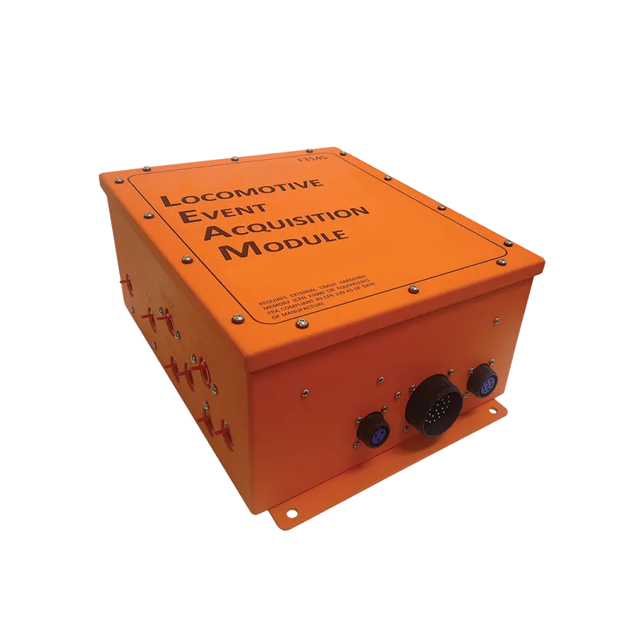 Orange Locomotive Event Acquisition Module with multiple connectors and screws on a black background