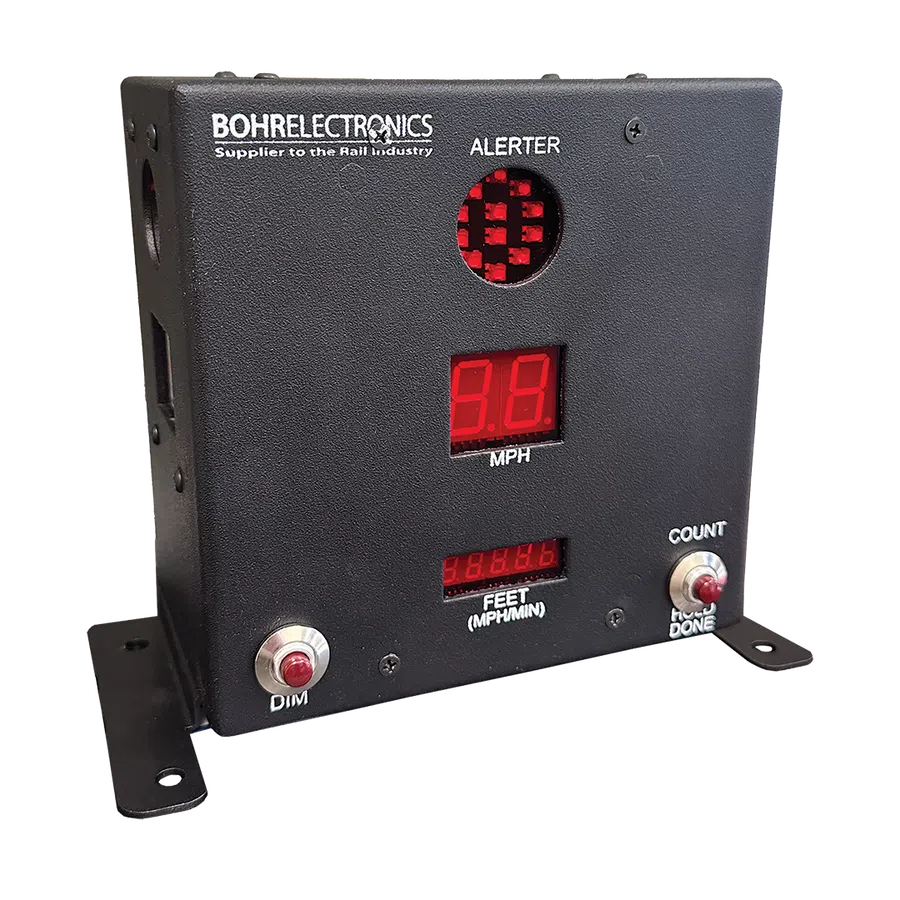 Black Bohrelectronics alerter device with red LED displays showing speed and distance, buttons for dim and count.