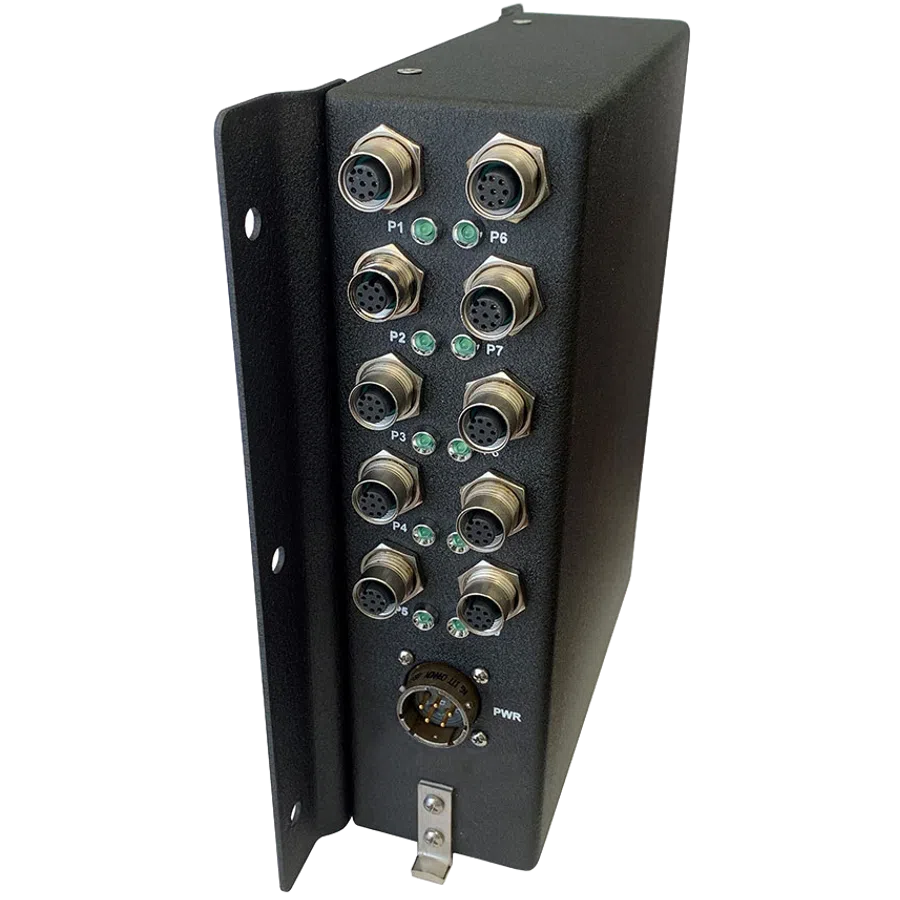 Black industrial electronic device with multiple circular connector ports and status LEDs on metal panel.