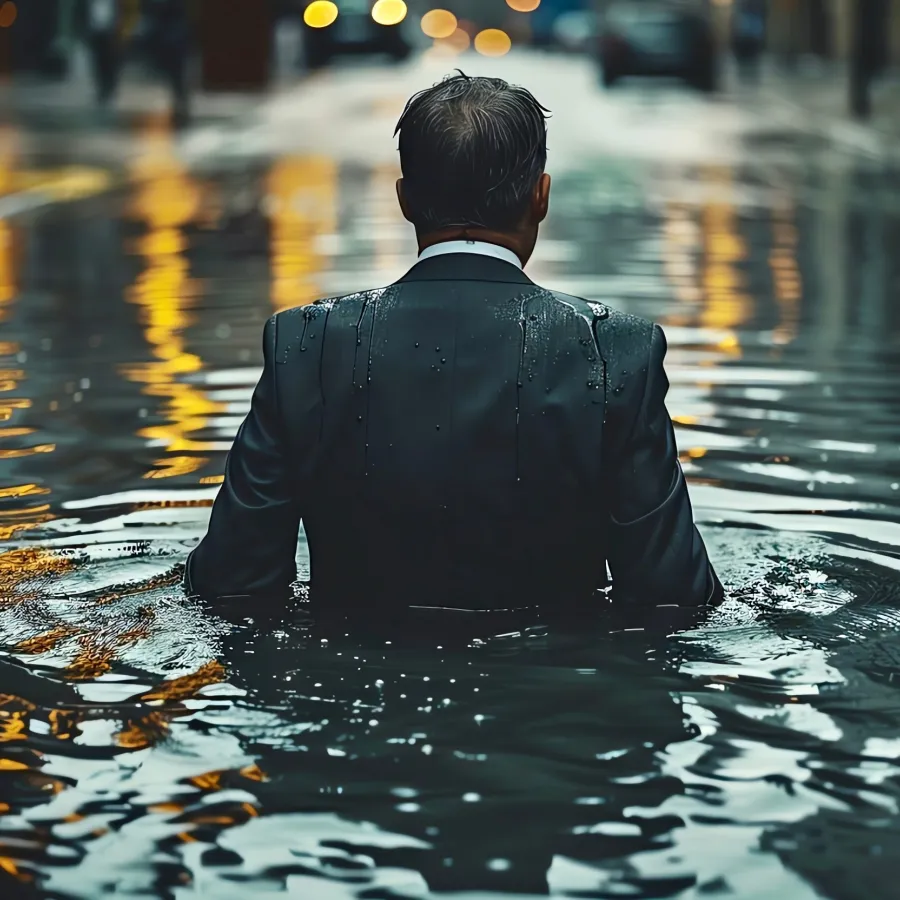 Man in a business suit wading through flooded urban street at night with city lights reflecting on water surface