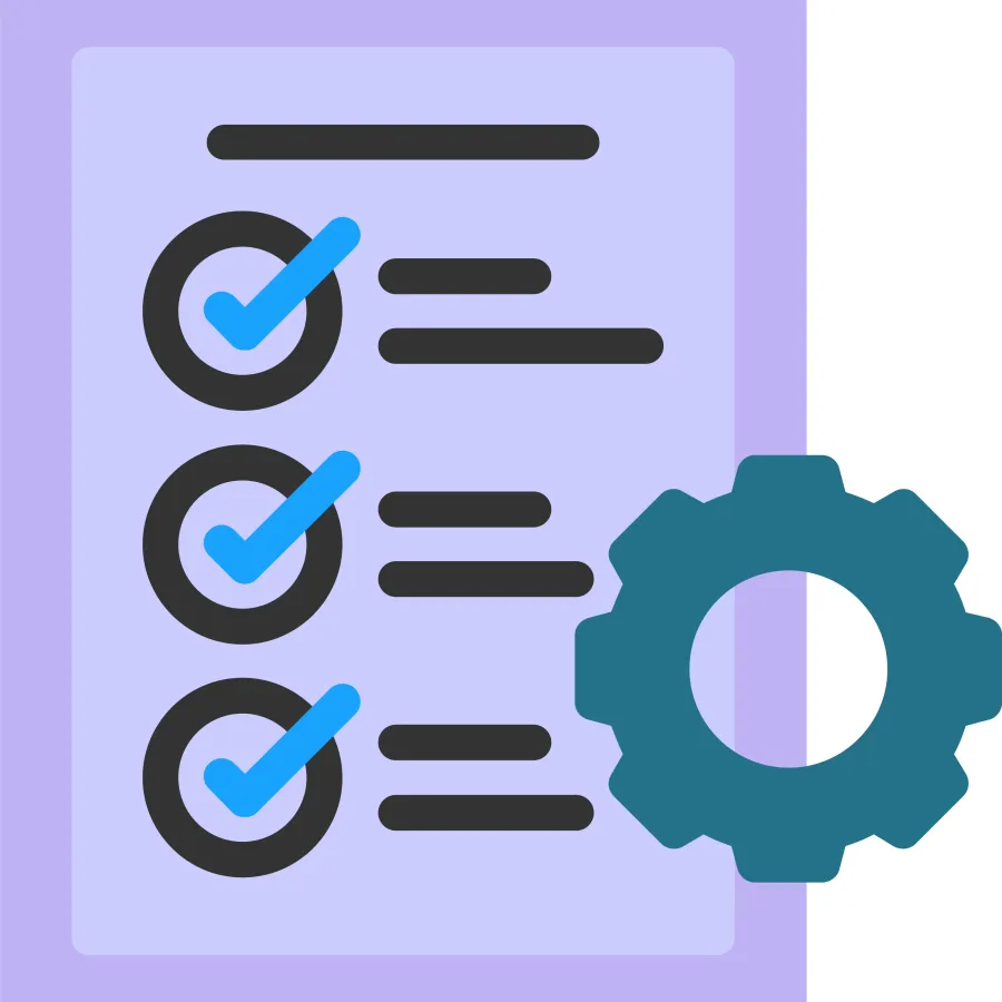 Checklist with blue check marks and a gear icon on a purple document representing task management or settings.