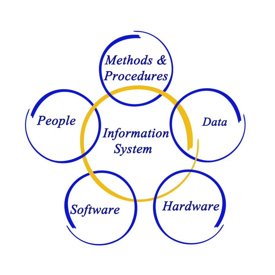 Diagram illustrating Information System components: Methods & Procedures, People, Data, Software, and Hardware interconnected.