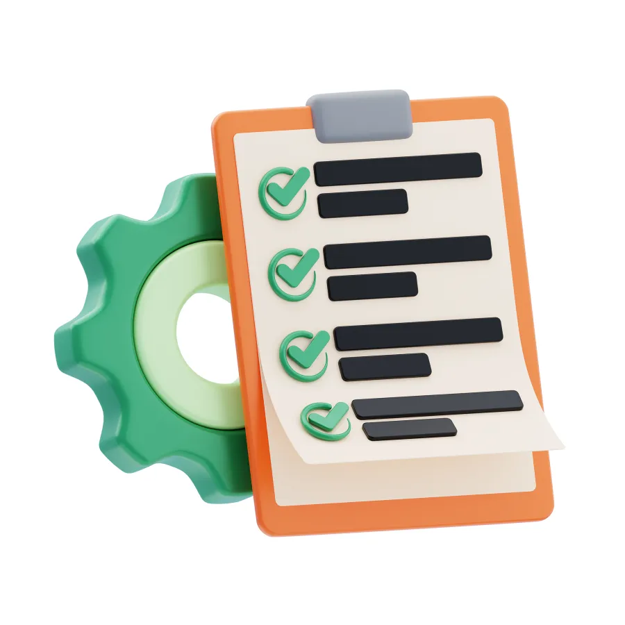3D checklist with green check marks on orange clipboard and green gear representing task completion