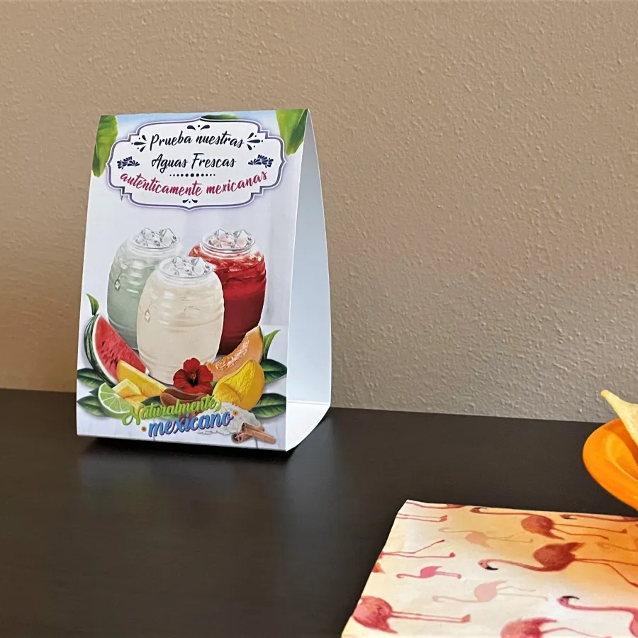 A printed Table Tent on a restaurant table