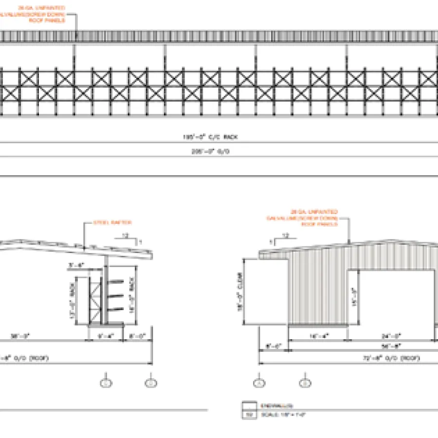 Architectural blueprint of a metal building showing front elevation and cross-sectional views with measurements.