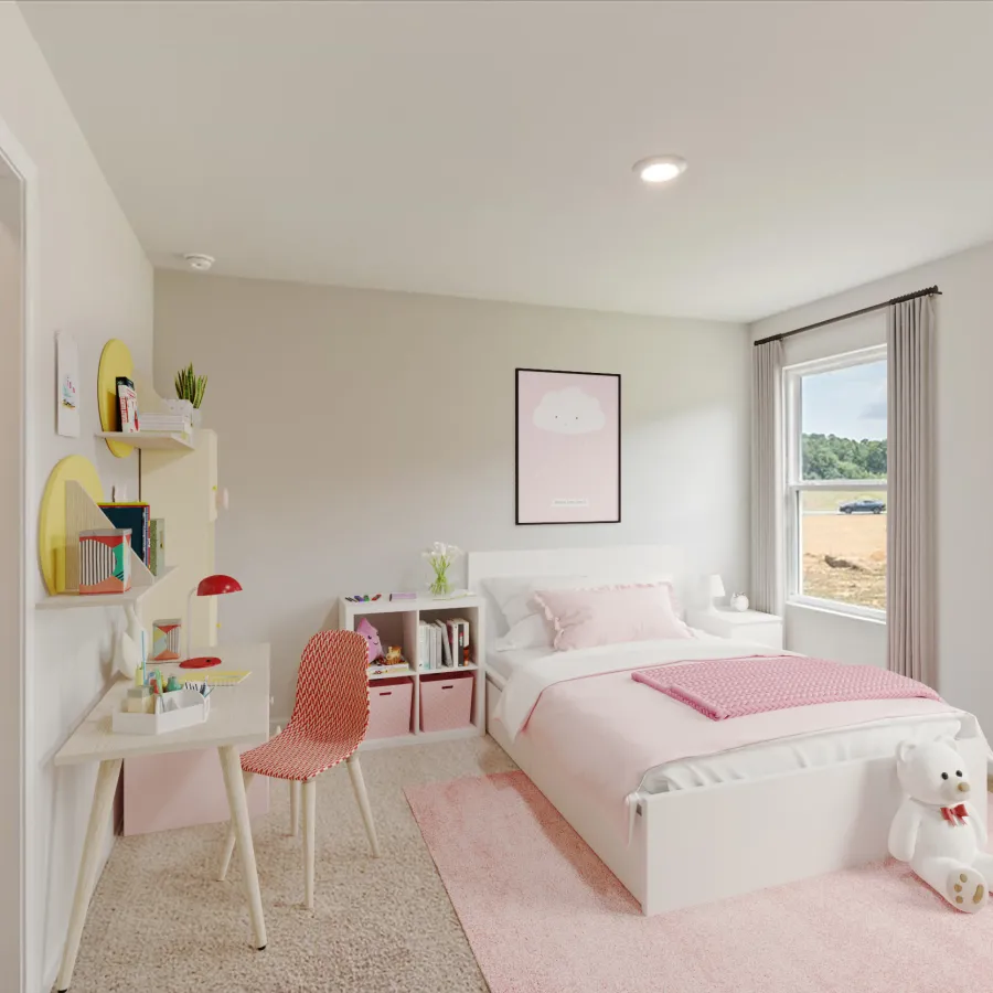 Bright kid's bedroom with white bed, pink accents, study desk, chair, shelves, and a large window with curtains.