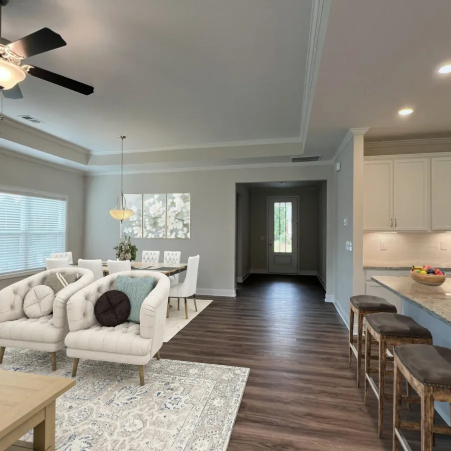a kitchen with a couch and a table