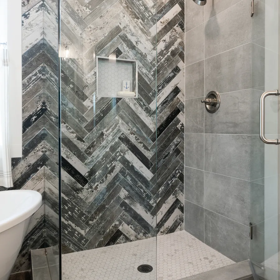 a room with a sink and a shower