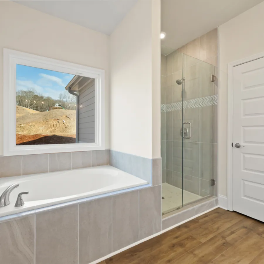 a bathroom with a glass shower