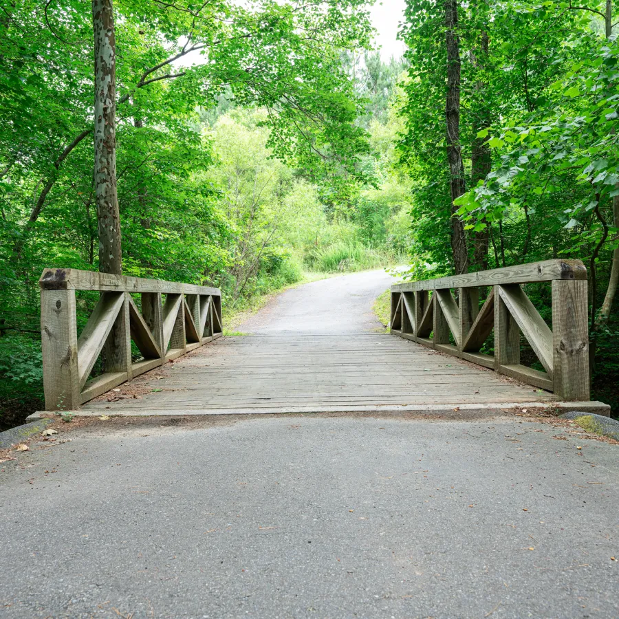 a wooden bridge over a road
