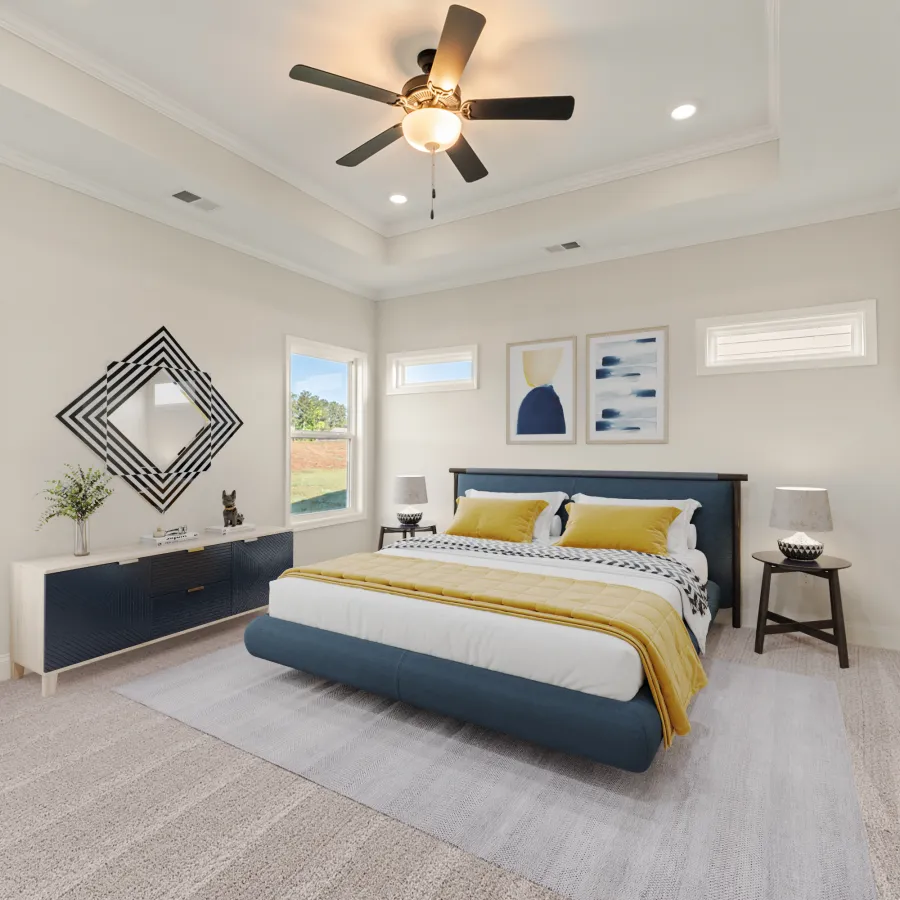 a bedroom with a large window