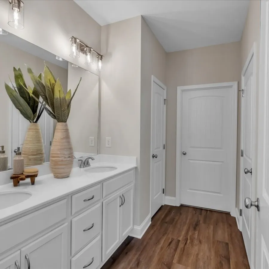 Bright modern bathroom with double sinks, large mirror, wooden floor, and decorative plants on countertop