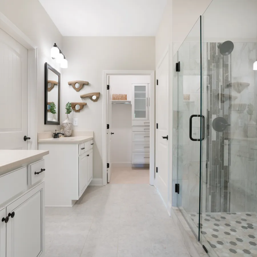 a bathroom with a glass shower