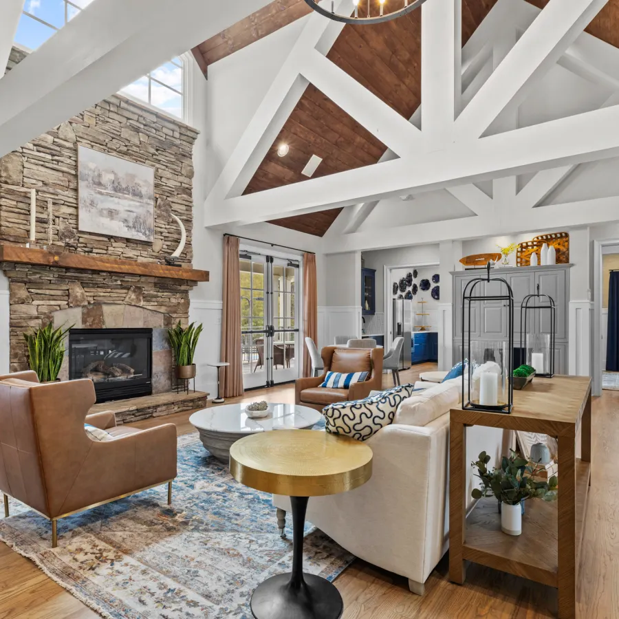 a living room with a fireplace