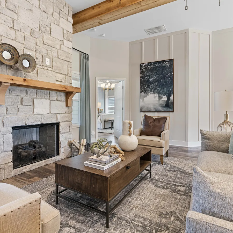 a living room with a fireplace
