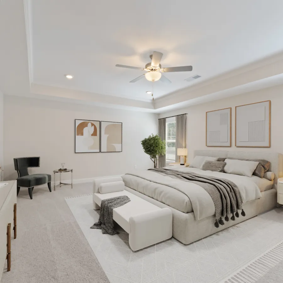 a bedroom with a bed and a fan
