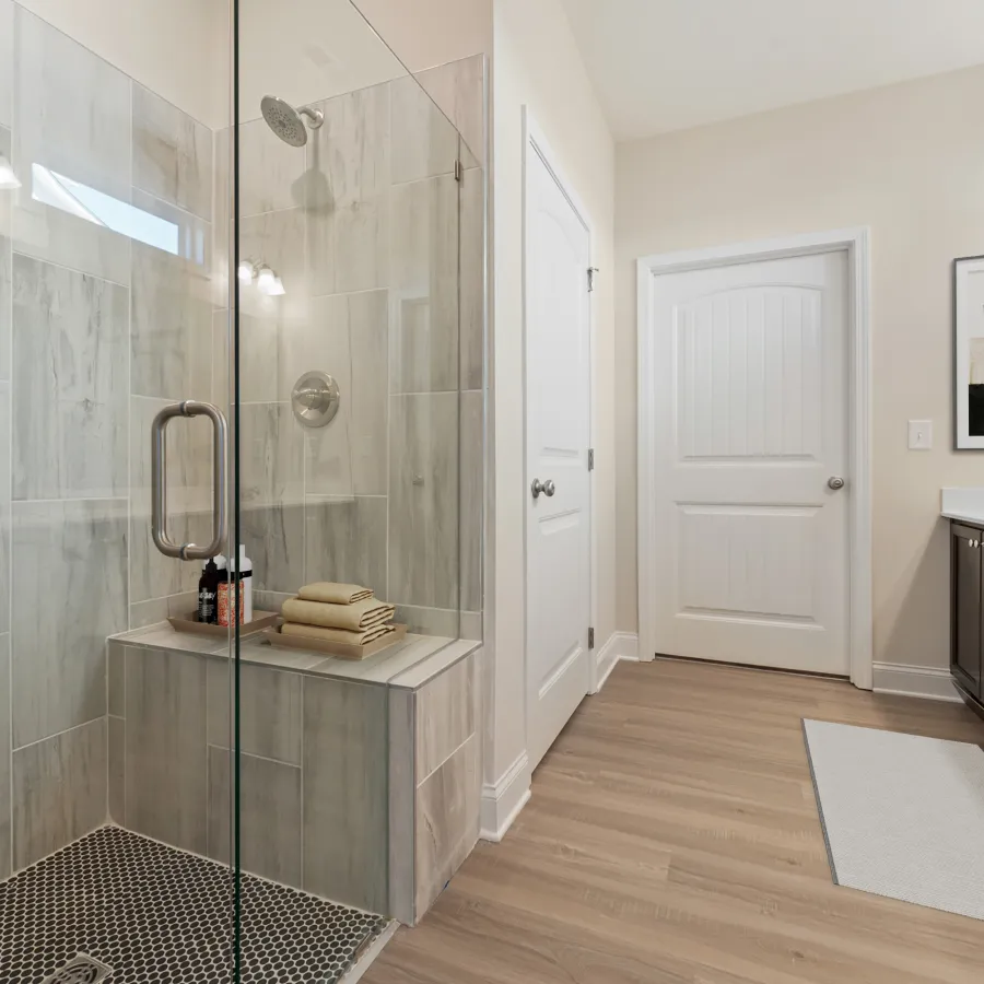 a bathroom with a glass shower