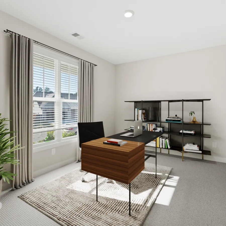 a room with a desk and a tv
