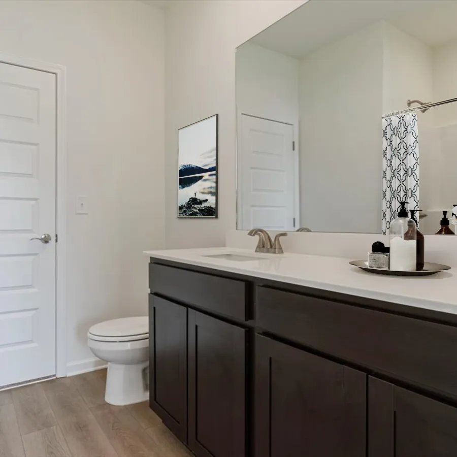 Modern bathroom with dark wood vanity, white countertop, large mirror, and decorative plants and soap bottles.