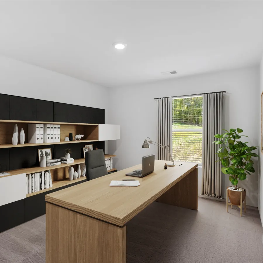 Modern office interior with a sleek desk, shelving, plant, and natural light from a window.
