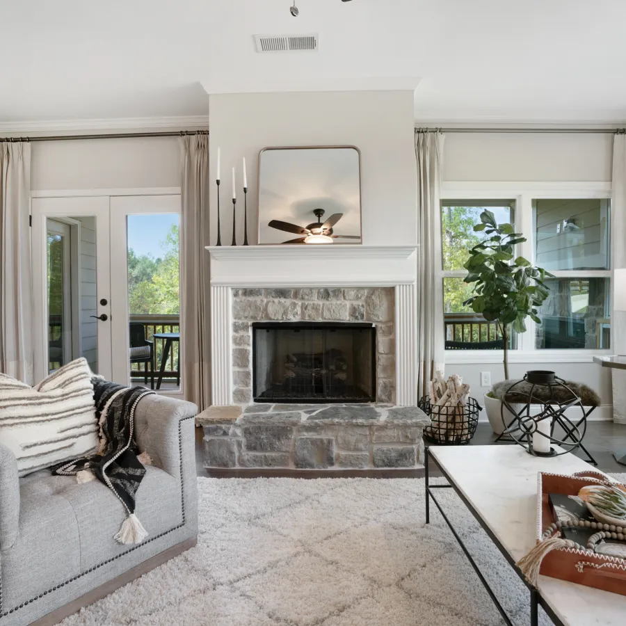a living room with a fireplace