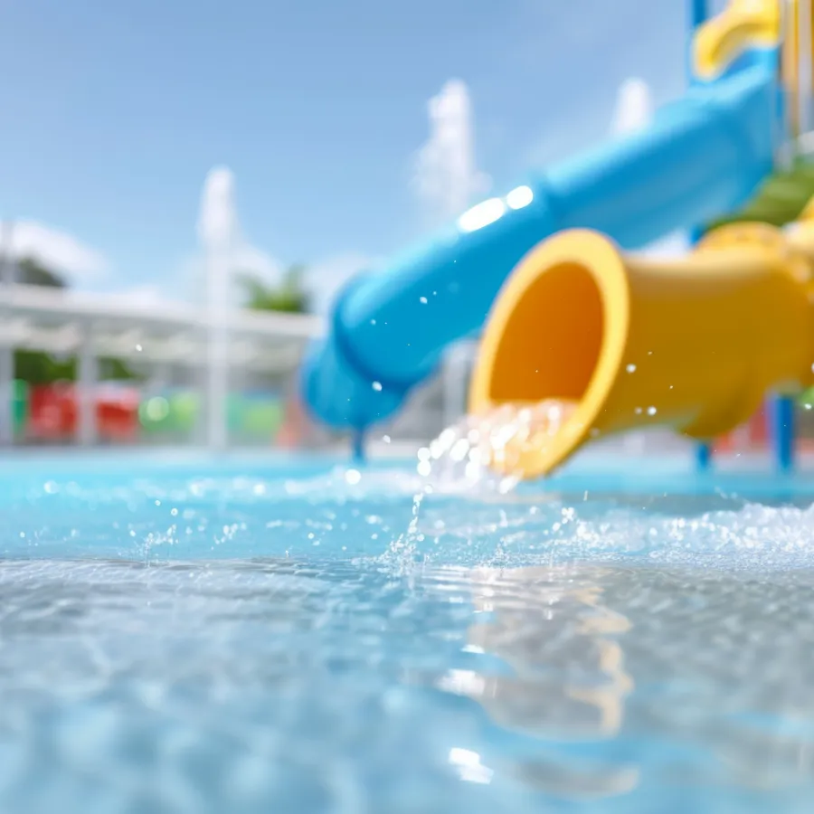 Colorful water slides pouring water into a shallow pool on a sunny day at a water park.