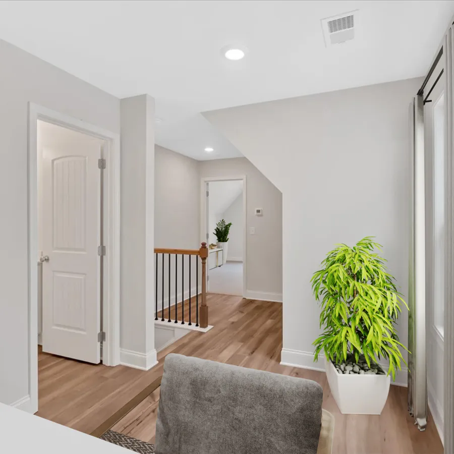 Bright and airy interior hallway with natural light, potted plant, and wooden flooring.