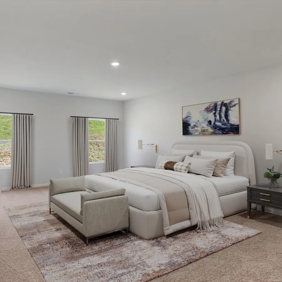 Modern bedroom with beige upholstered bed, bench, dark nightstand, armchair, and abstract wall art in soft lighting.