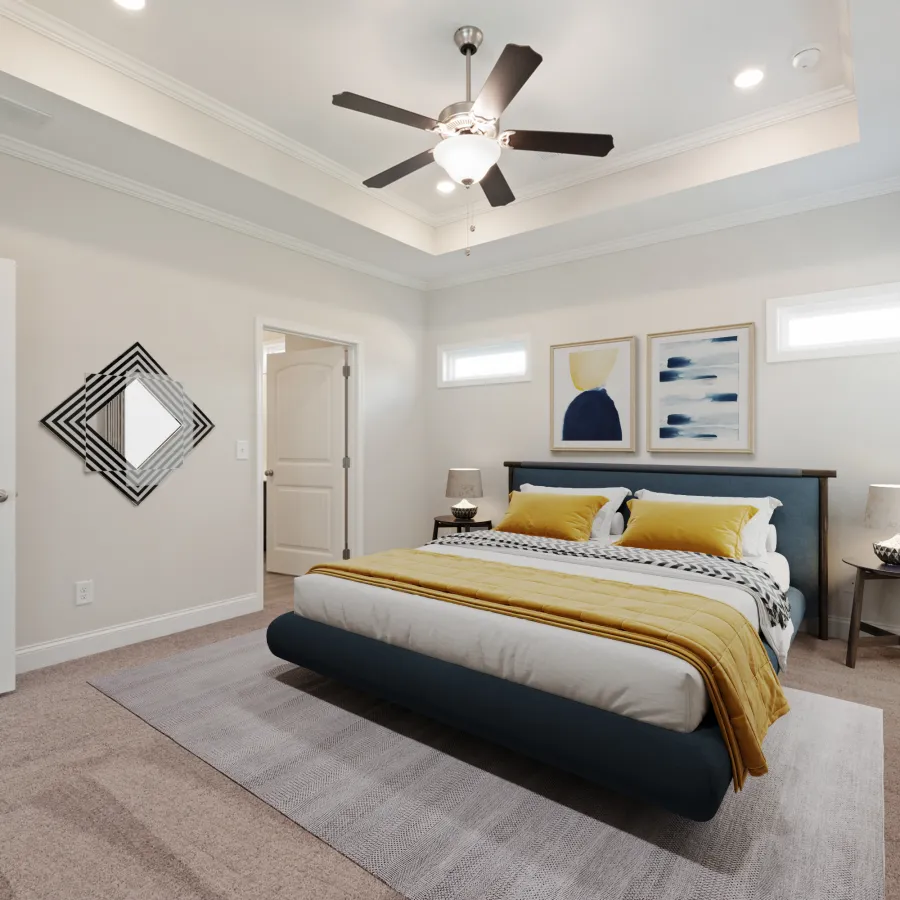 a bedroom with a bed and a fan