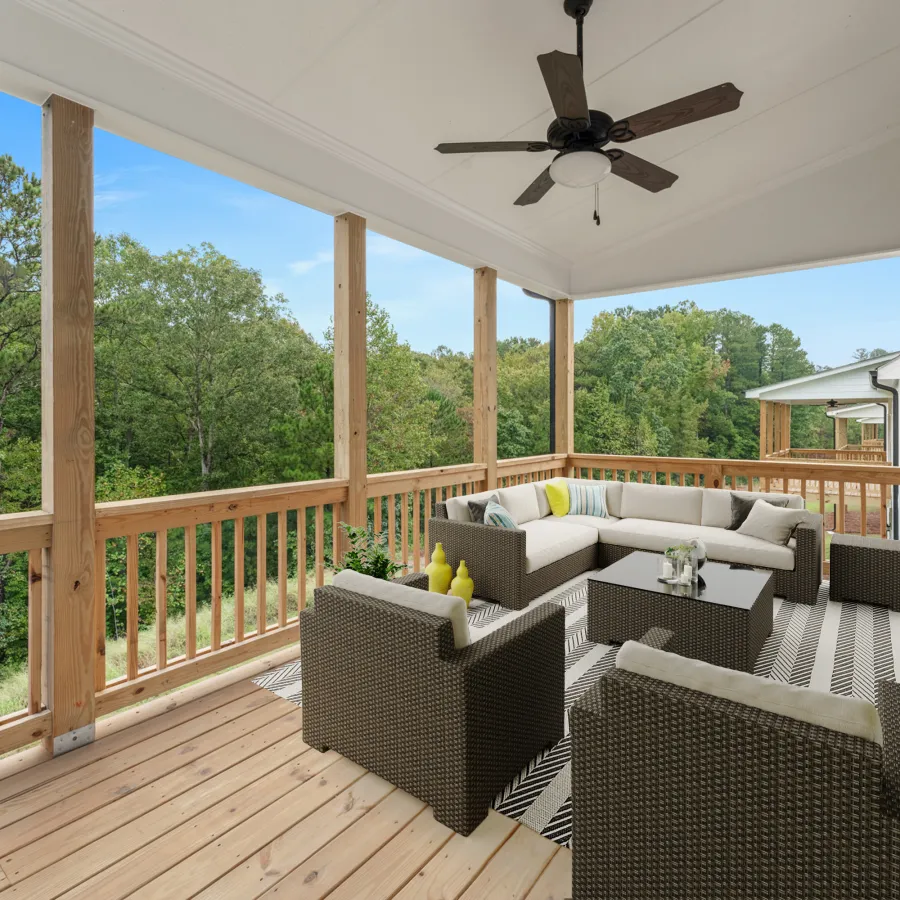 a living room with a deck