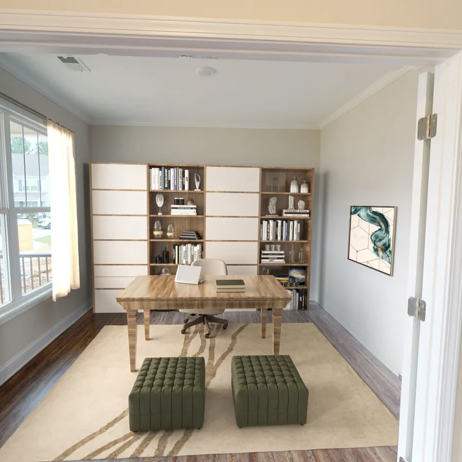 a room filled with furniture and a large window