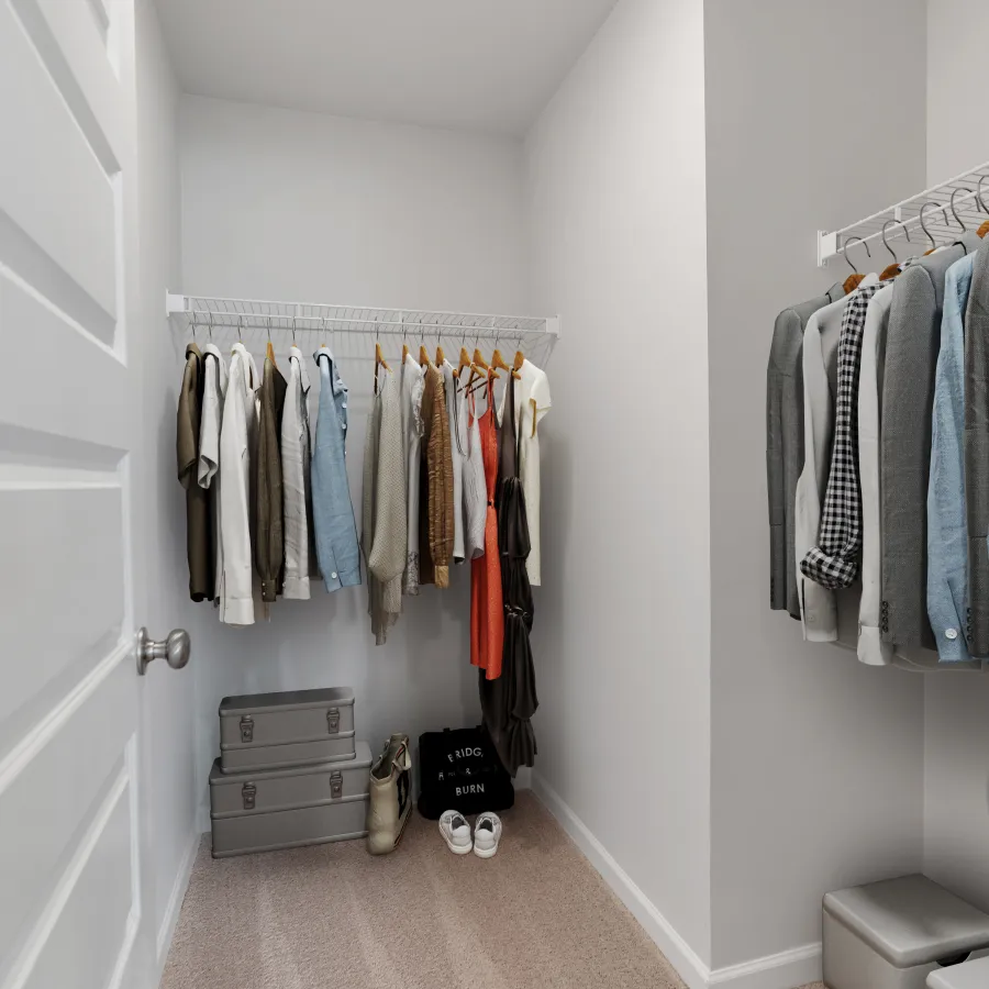 Spacious walk-in closet featuring organized clothing, storage boxes, and a clean, modern design.