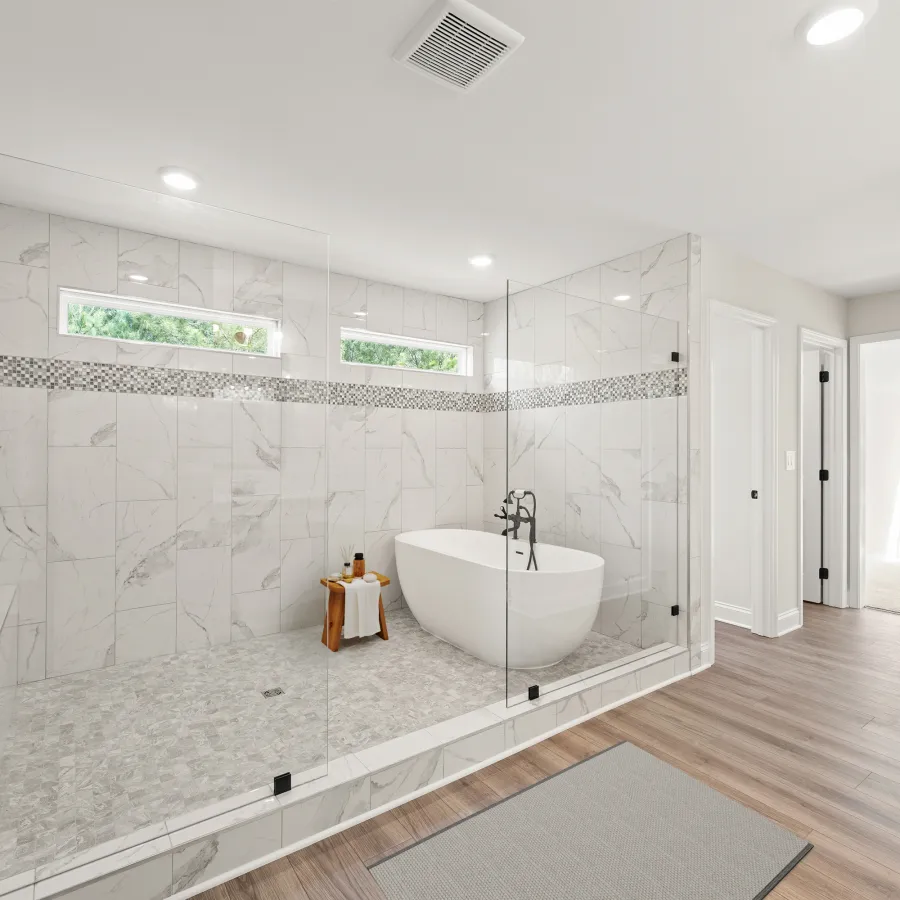a bathroom with a glass shower