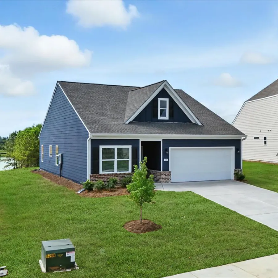 Modern blue single-story house with a two-car garage and well-kept lawn under a clear sky