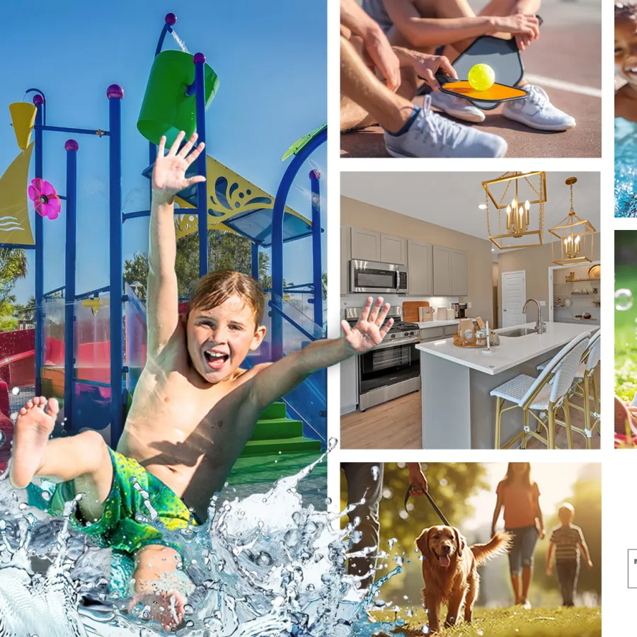 Collage showing children playing in water, a kitchen interior, kids with a dog, and a family enjoying outdoor activities.