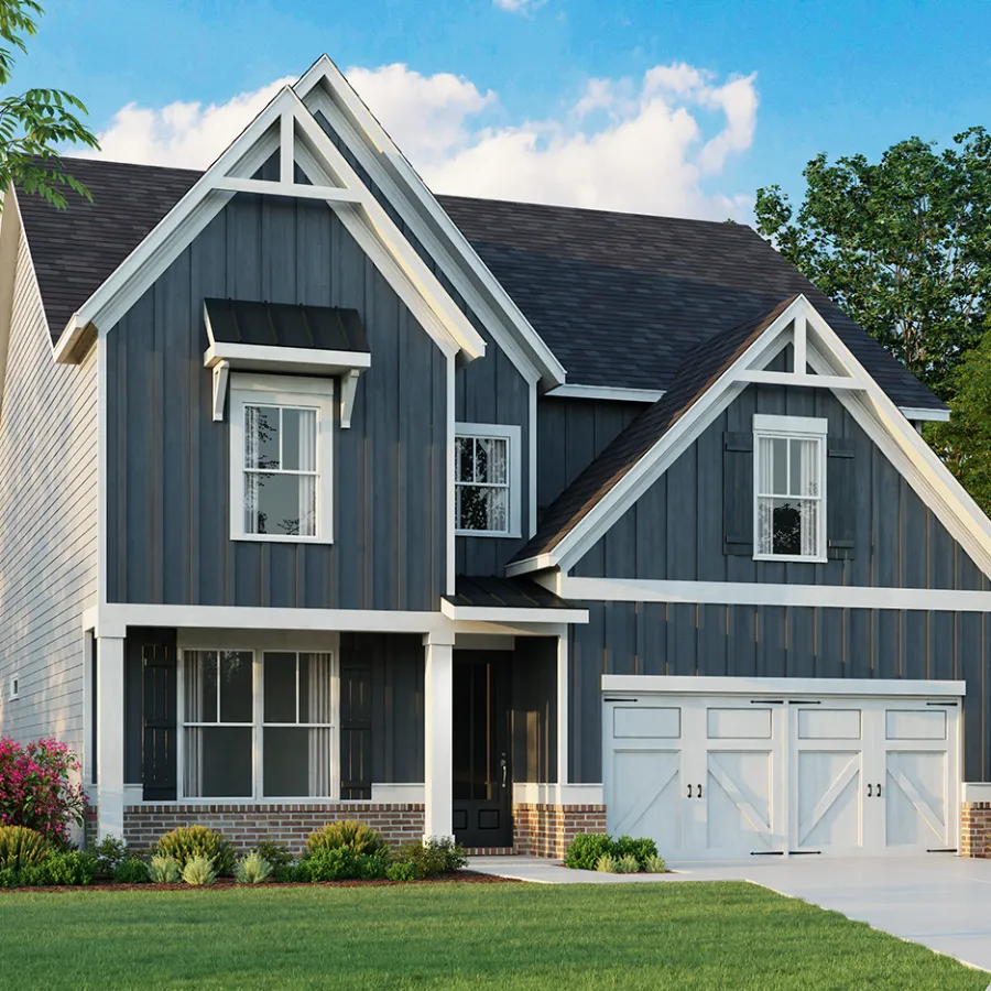 Modern two-story gray house with white trim, a two-car garage, and landscaped green lawn under blue sky.