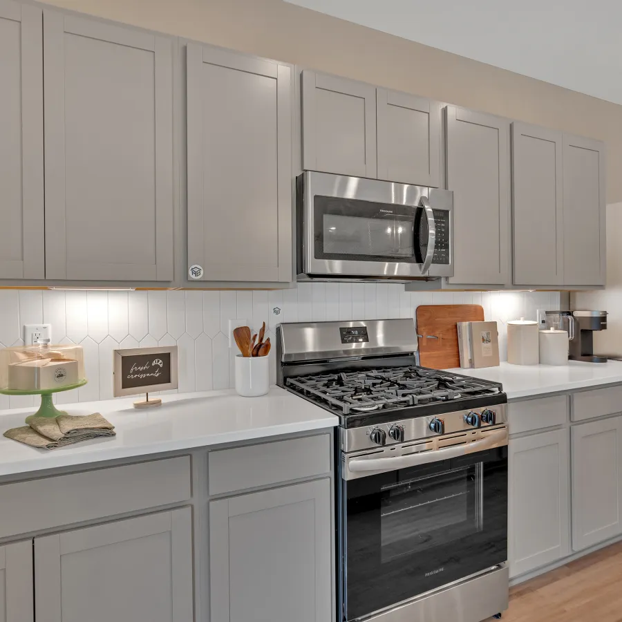 Modern kitchen with gray cabinetry, stainless steel appliances, and stylish decor accents.