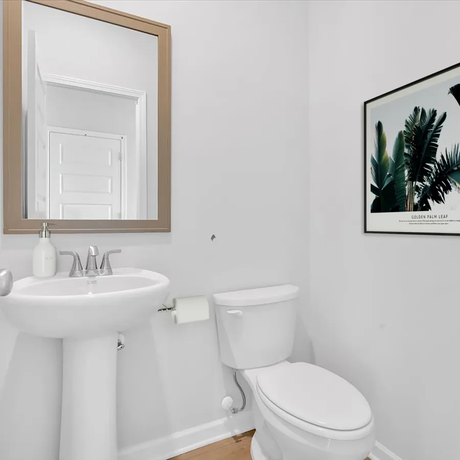 Small white bathroom with pedestal sink, toilet, mirror, and framed tropical leaf artwork on wall.