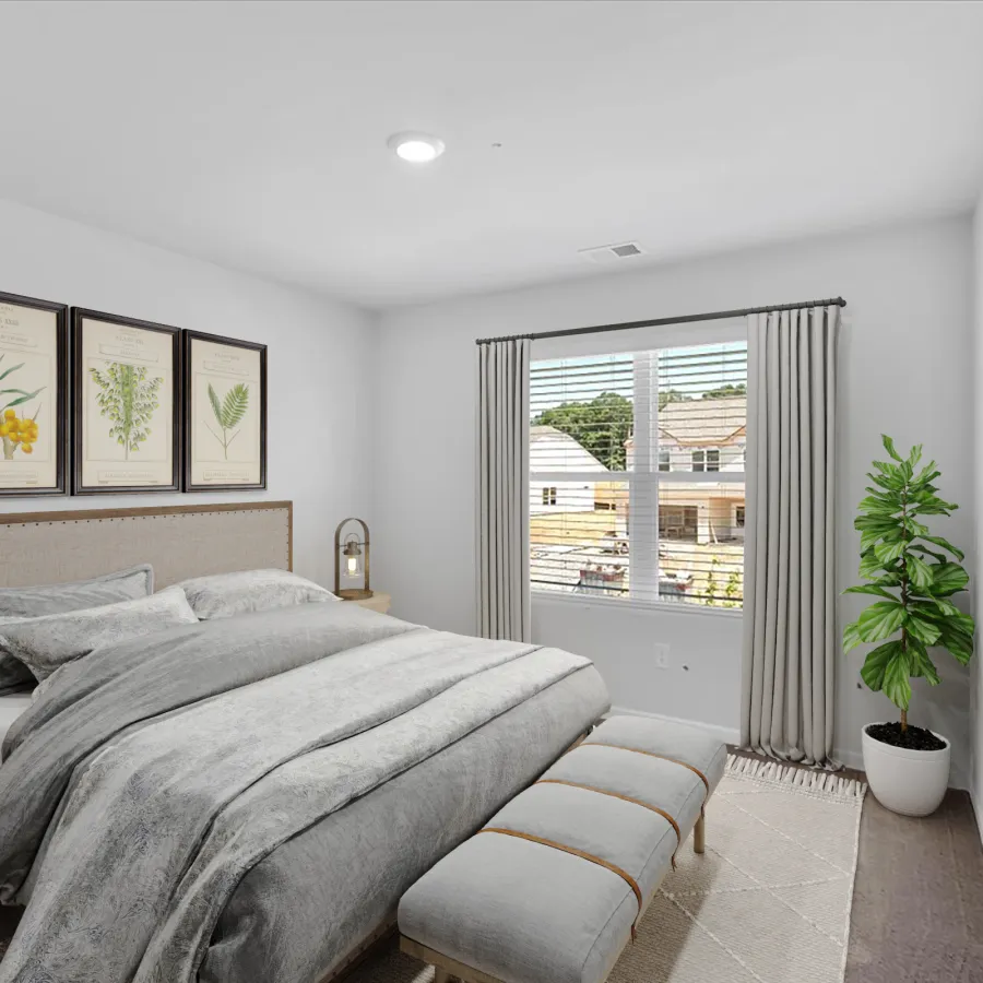 Modern bedroom with a large bed, botanical wall art, wooden nightstands, and a potted plant by the window.