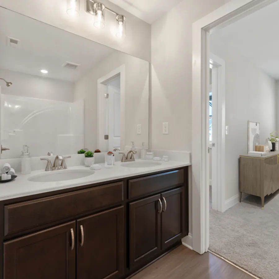 a bathroom with a large mirror