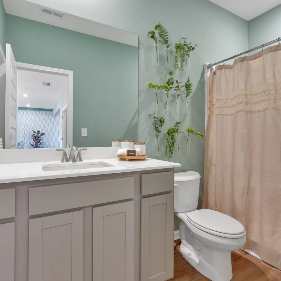 Modern bathroom with green walls, white vanity, and elegant decor, providing a fresh and clean look.
