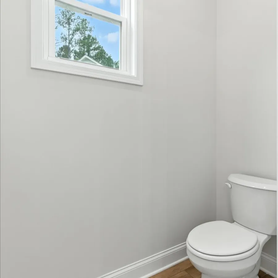 Bright bathroom corner with white toilet, gray walls, wood-look flooring, and a window showing blue sky and trees.