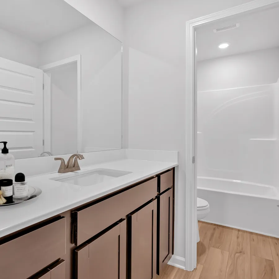 Contemporary bathroom featuring a sleek sink, wooden cabinets, and a spacious tub area.