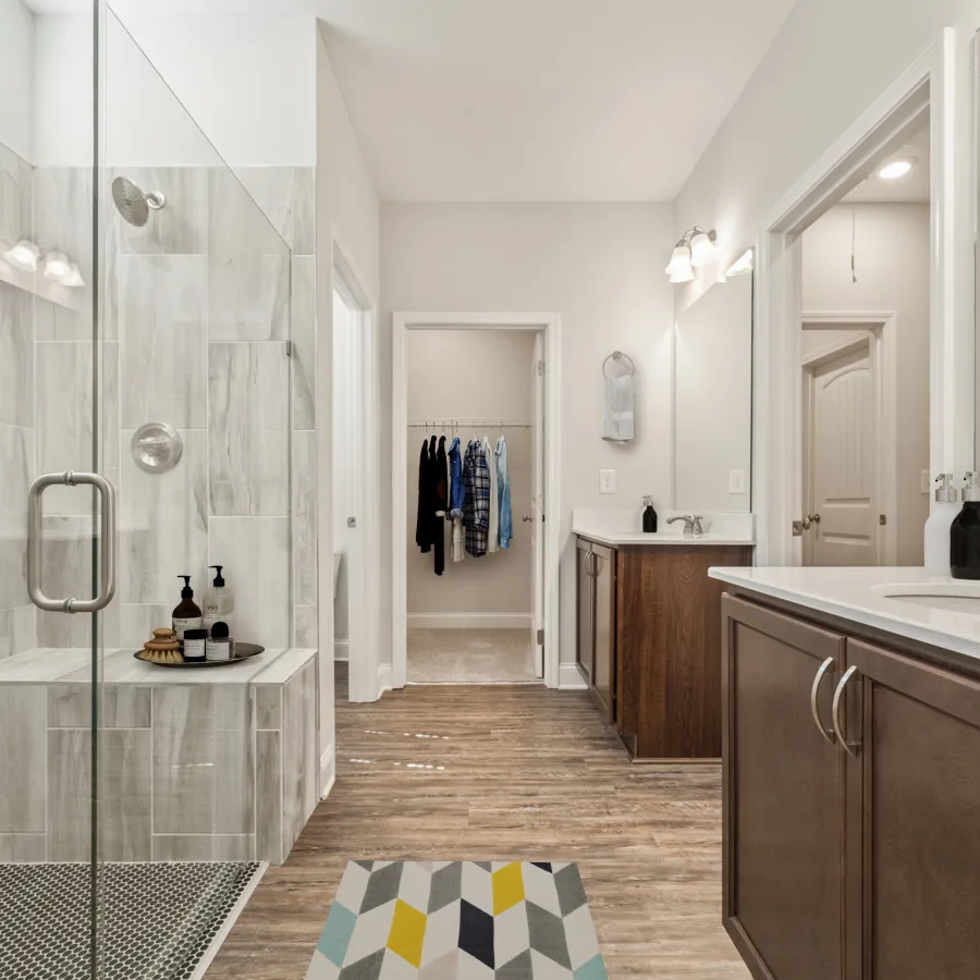 a bathroom with a glass shower