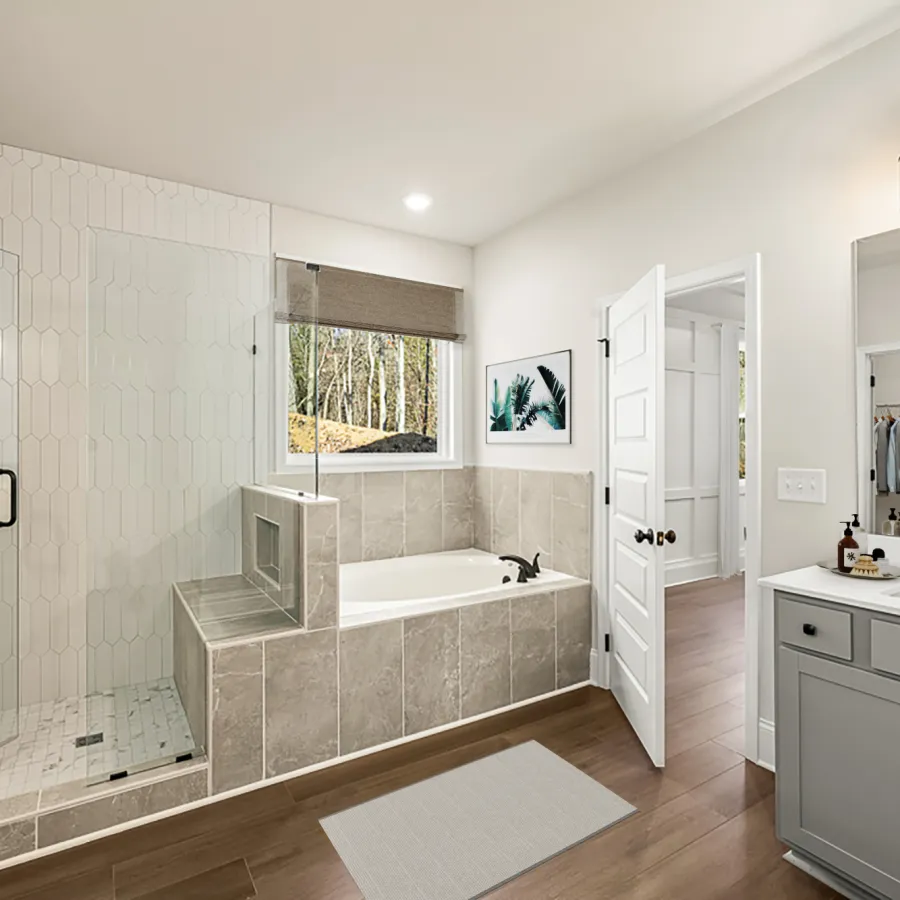 a bathroom with a large tub