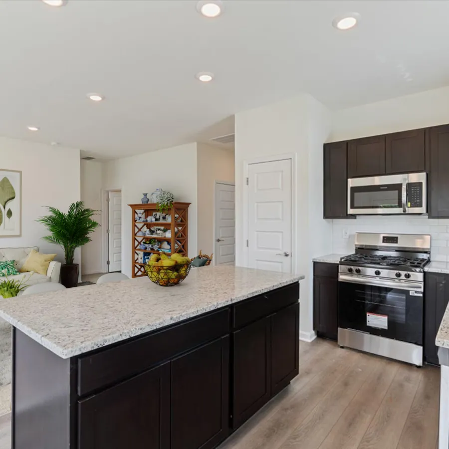 Modern open kitchen with dark cabinets, granite island, stainless steel appliances, and connected living room with plants.