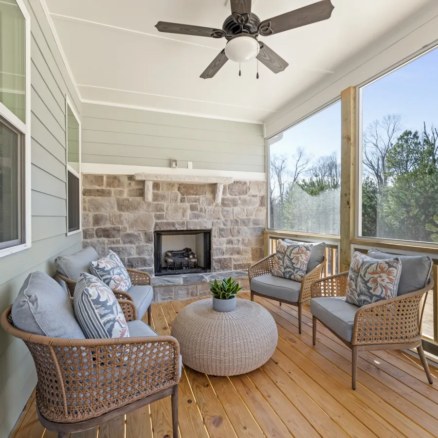 a living room with a fireplace